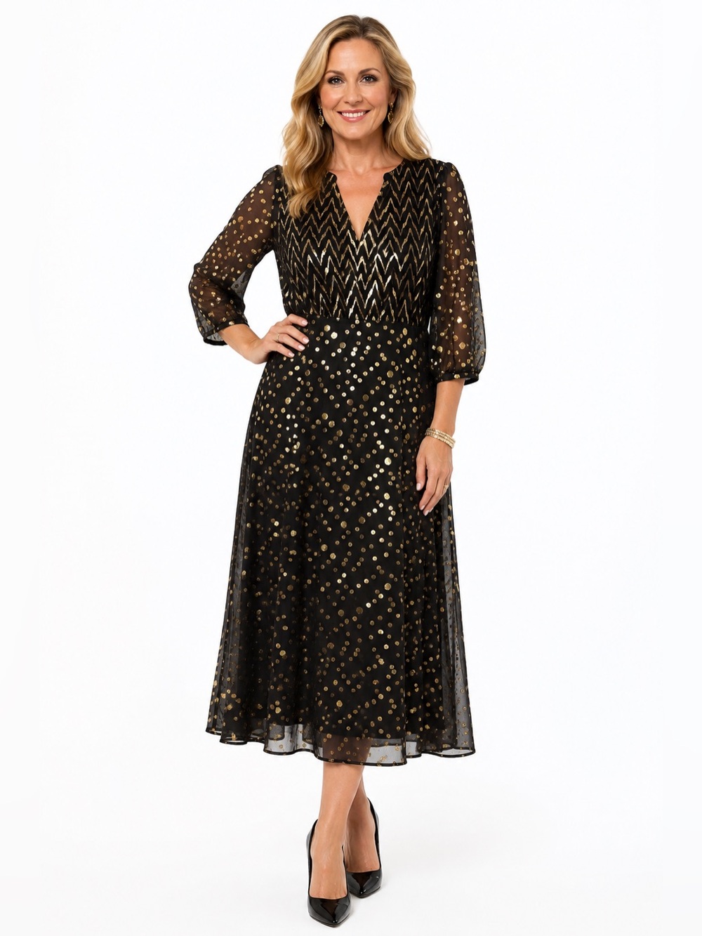 Emily Lovelock Valentine Metallic Chevron Midi Dress NWT Black Gold Large